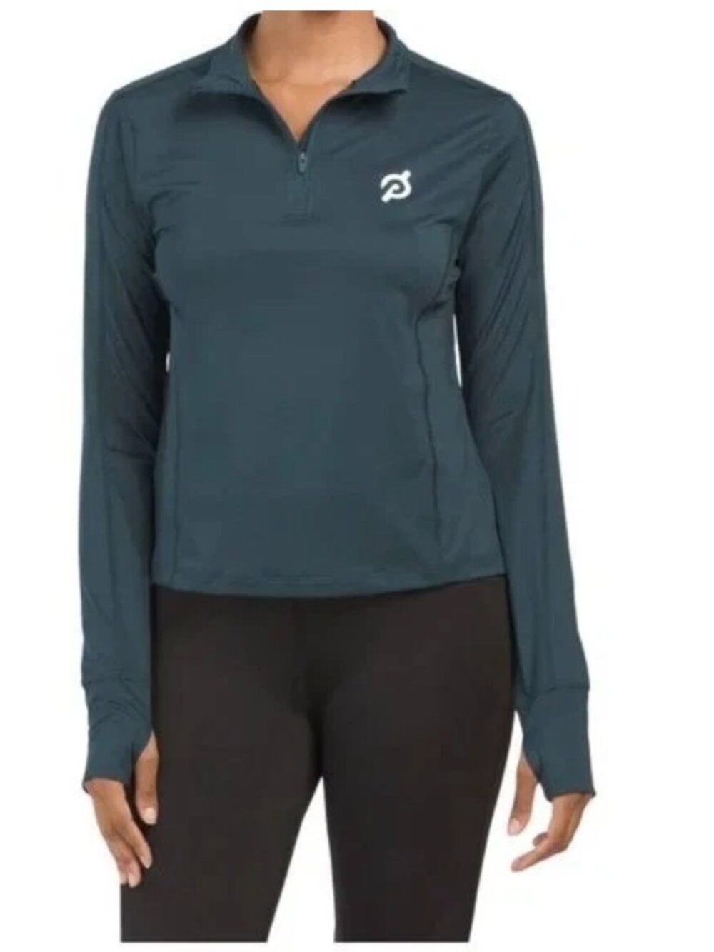 Peloton Women's Size M Warm Up Cropped 1/2 Zip Top Blue Thumb Holes Active Gym